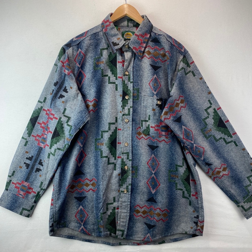 VTG Cabela's Southwestern Flannel Shirt Mens L Blue Cotton Aztec Made in USA
